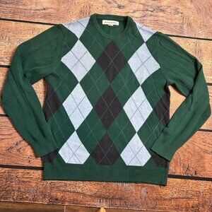 Preppy Lightweight Mens Argyle Sweater Green/Black/Gray Size M Cotton